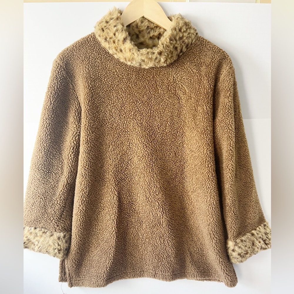 Tasha Polizzi Tan Fleece Pullover Cowl Neck with Faux Fur Leopard Print Trim SM